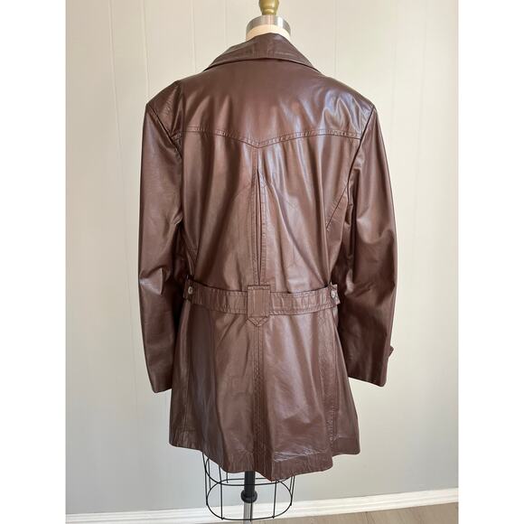 Vintage 60s 70s Brown Leather Short Trench Coat Jacket Belted XL Made in USA - Picture 3 of 16